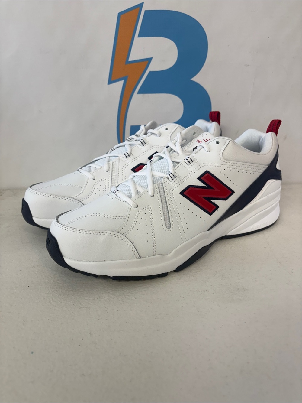 New Balance White Sneakers with Red & Navy Detailing